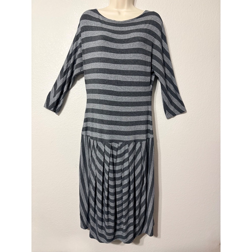 Marimekko Vintage Gray Black Striped Drop Waist Pleated Midi Dress Wool Viscose